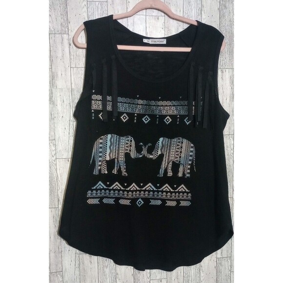 Maurices Tank Elephant Print Fringe Black Size 1X‎ - Picture 1 of 5